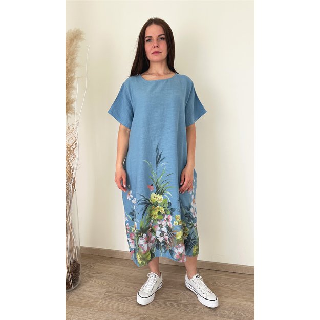 Lininė žydra lengva suknelė