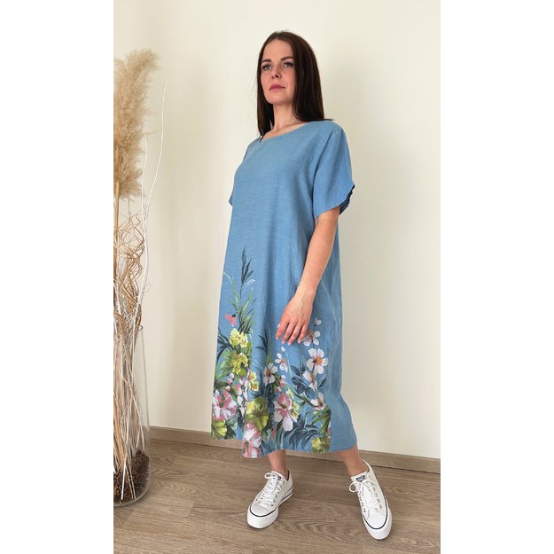 Lininė žydra lengva suknelė
